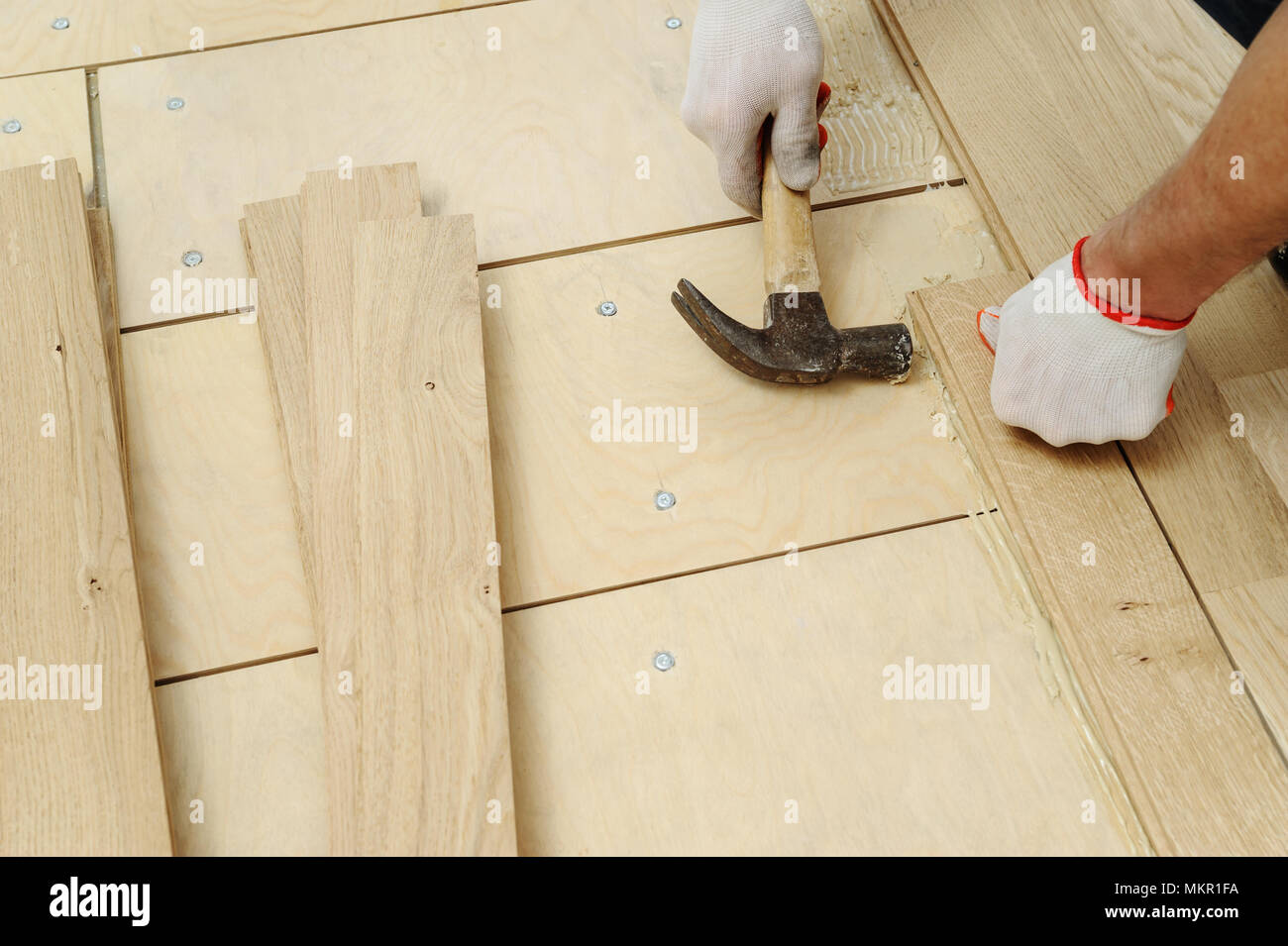 Laying Hardwood Parquet Worker Clamps Parquet With A Hammer Stock