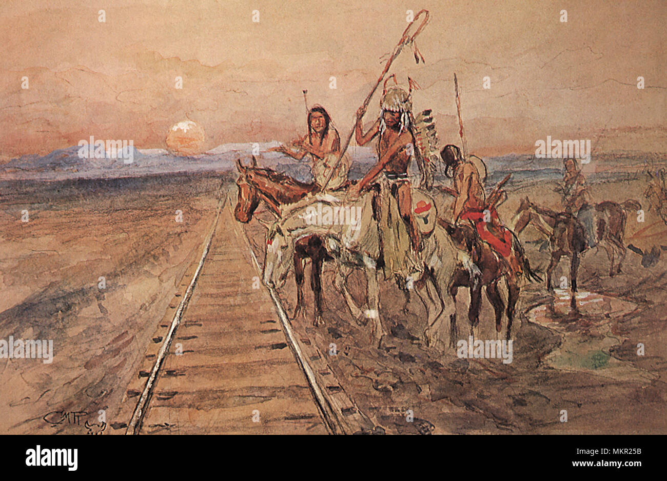 Indian Warriors Investigate Railroad Track Stock Photo