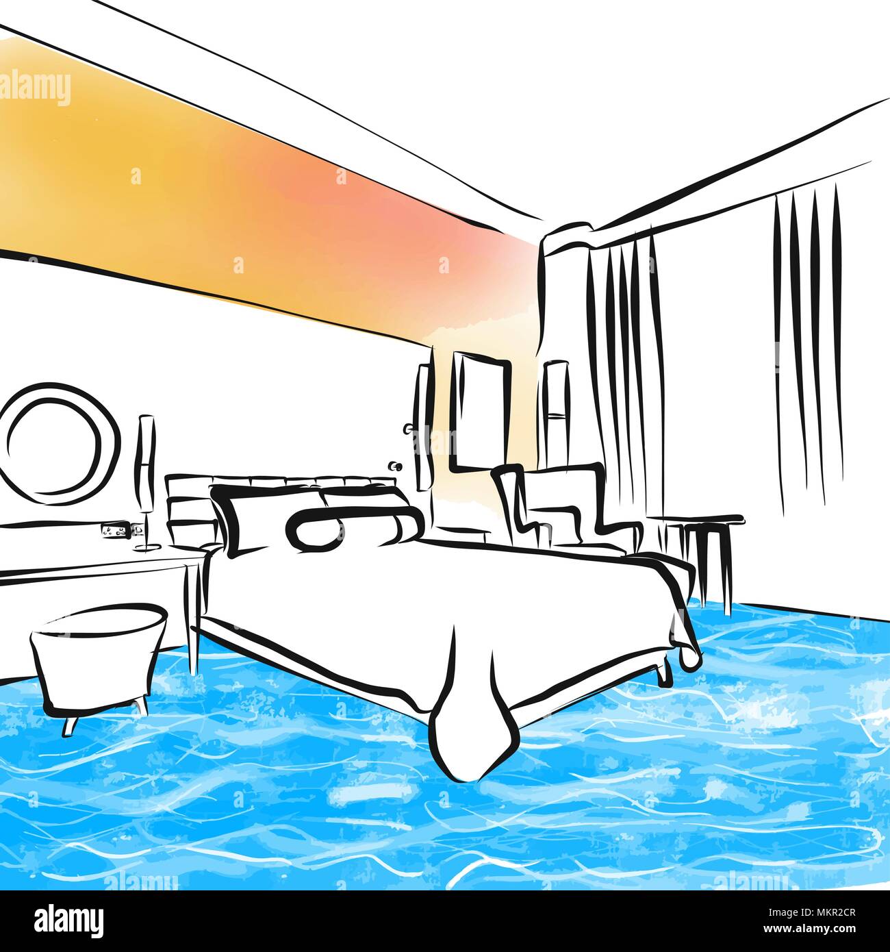 hotel bedroom drawing design concept, hand-drawn vector illustration Stock Vector