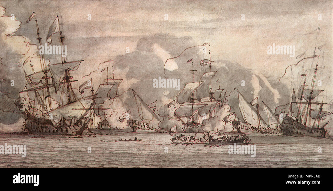 Naval Battle between Four Large Warships & Two Galleys 1675 Stock Photo