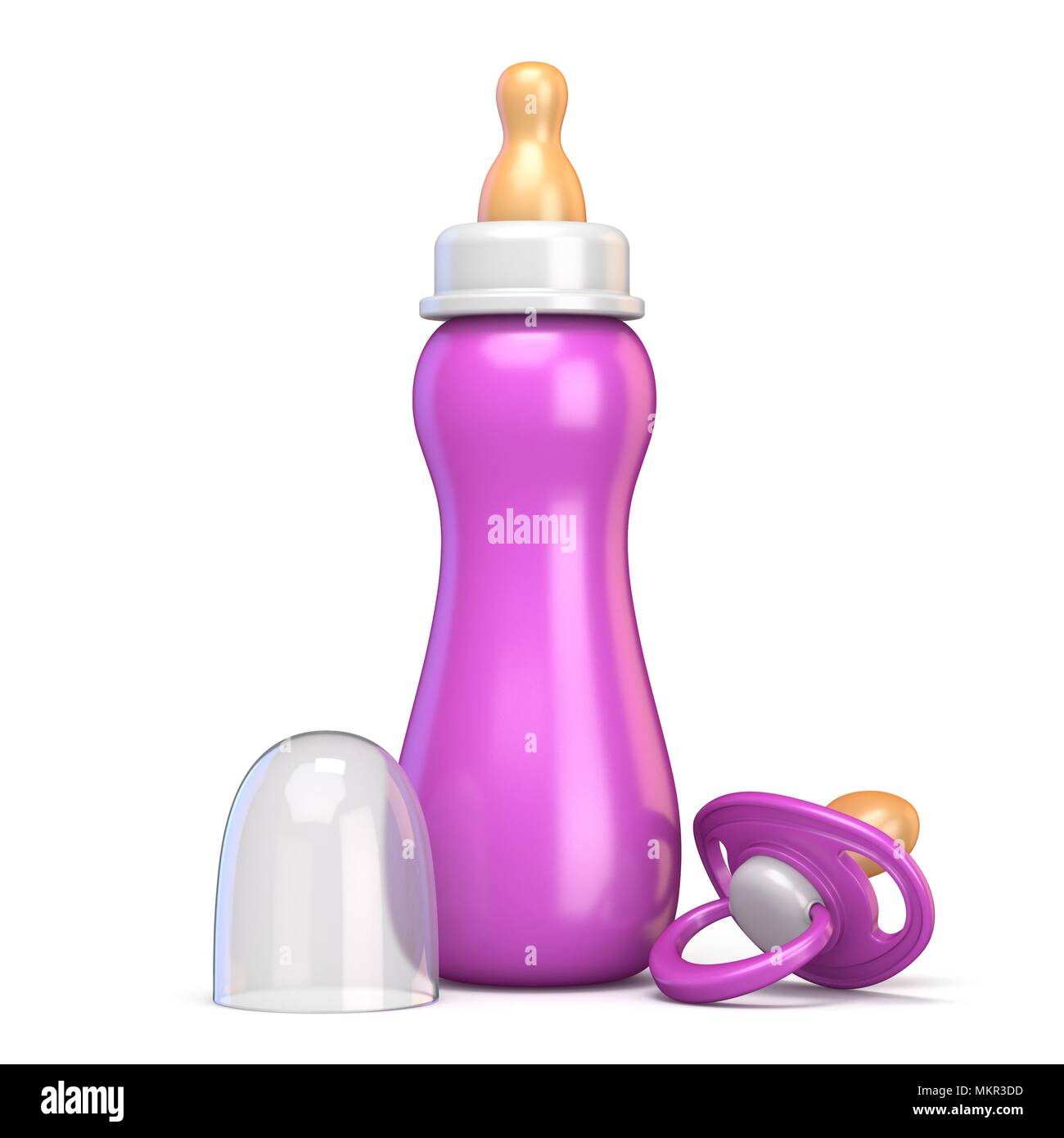 Pink baby bottle and pacifier 3D rendering illustration isolated on ...