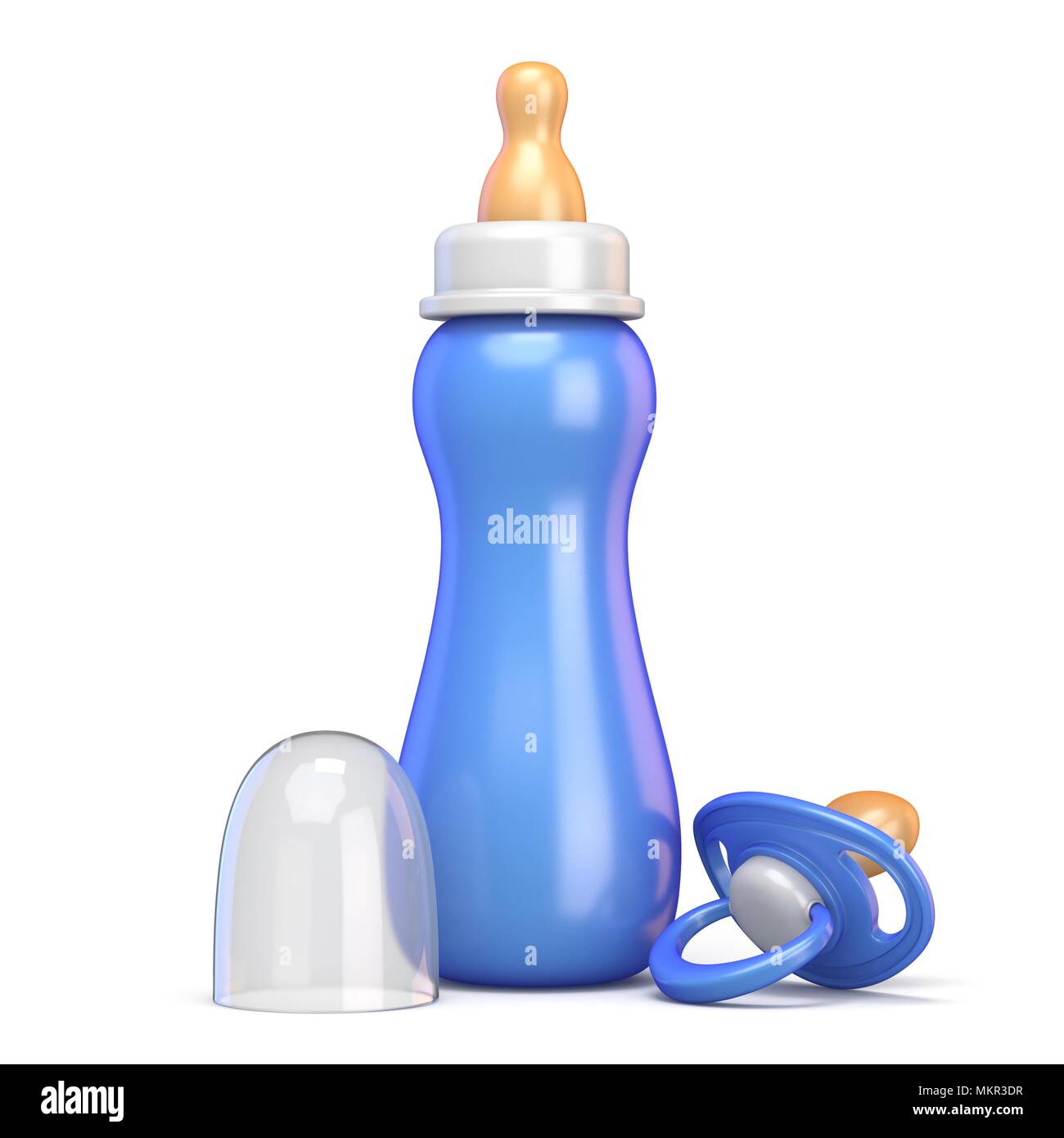 Blue baby bottle and pacifier 3D rendering illustration isolated on ...