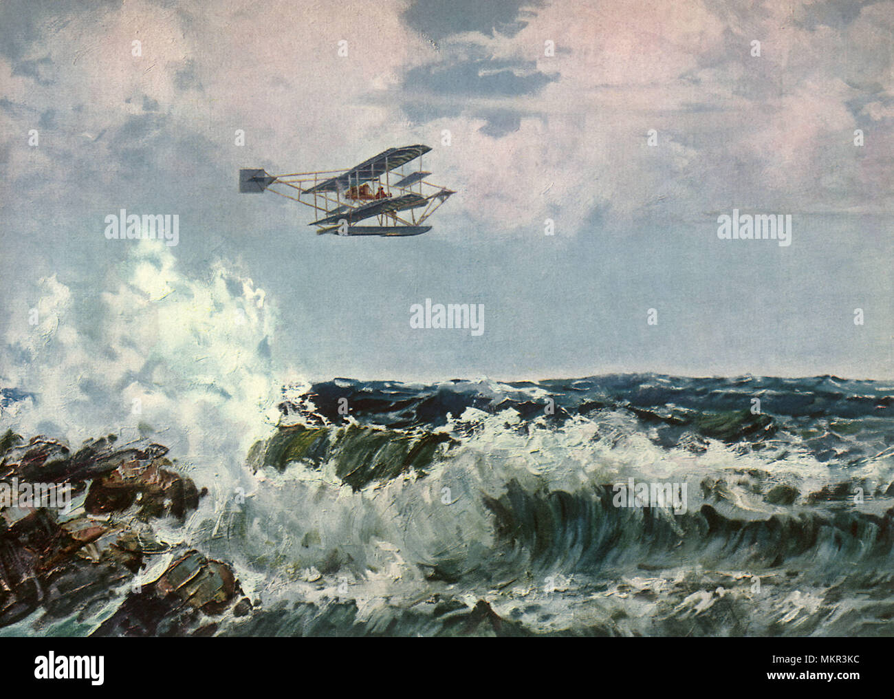 Glenn L. Martin flying over Ocean in Flying Machine in 1912 Stock Photo