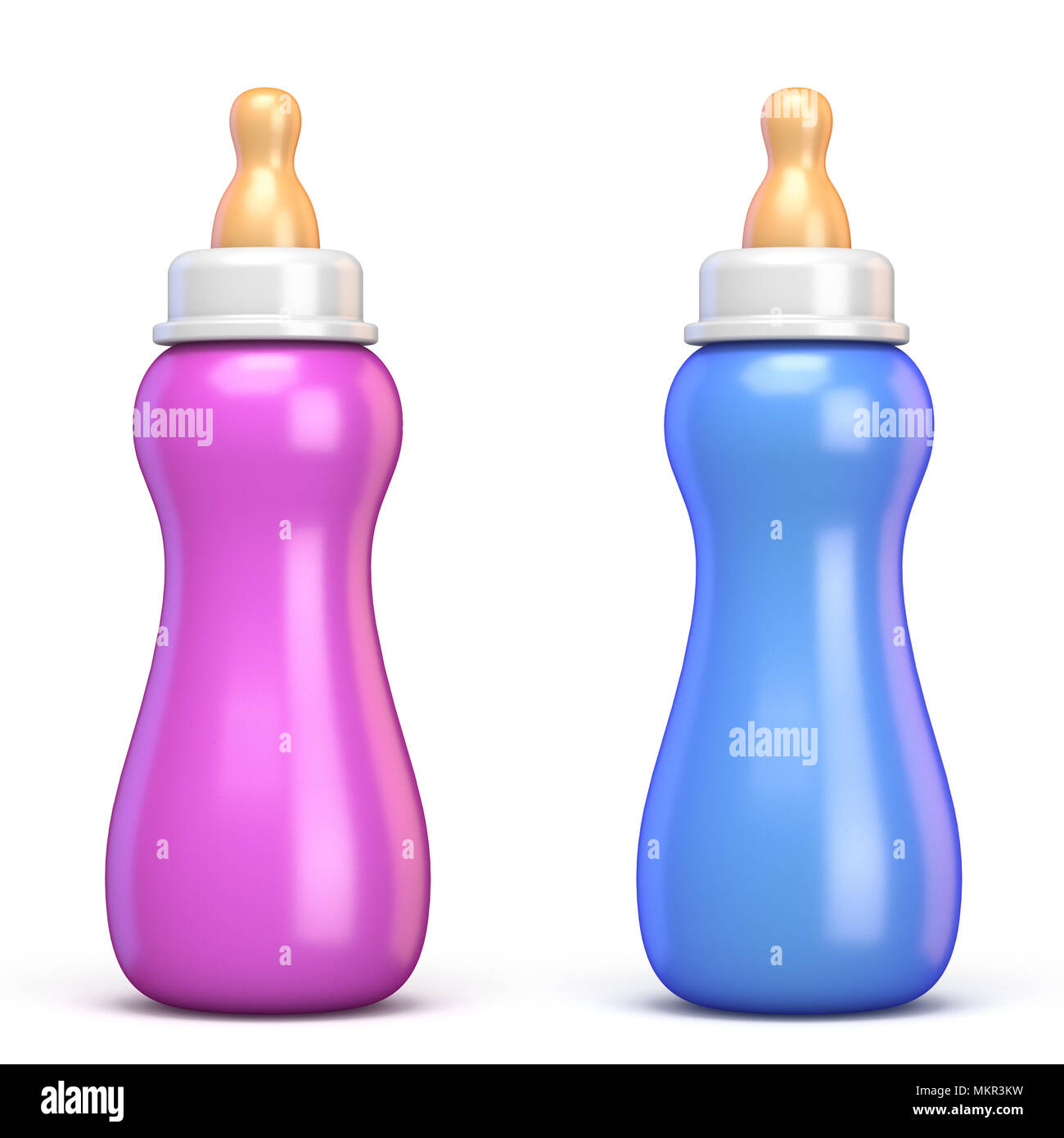 Pink and blue baby bottle 3D rendering illustration isolated on white ...