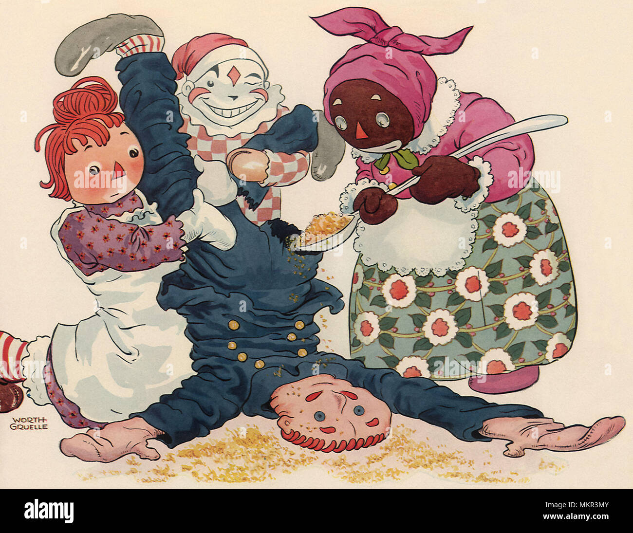 Raggedy Ann helps Beloved Belindy refill Percy the Policeman Stock Photo