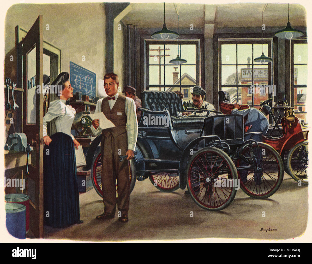 Man and Secretary at Old Fashioned Automobile Factory Stock Photo
