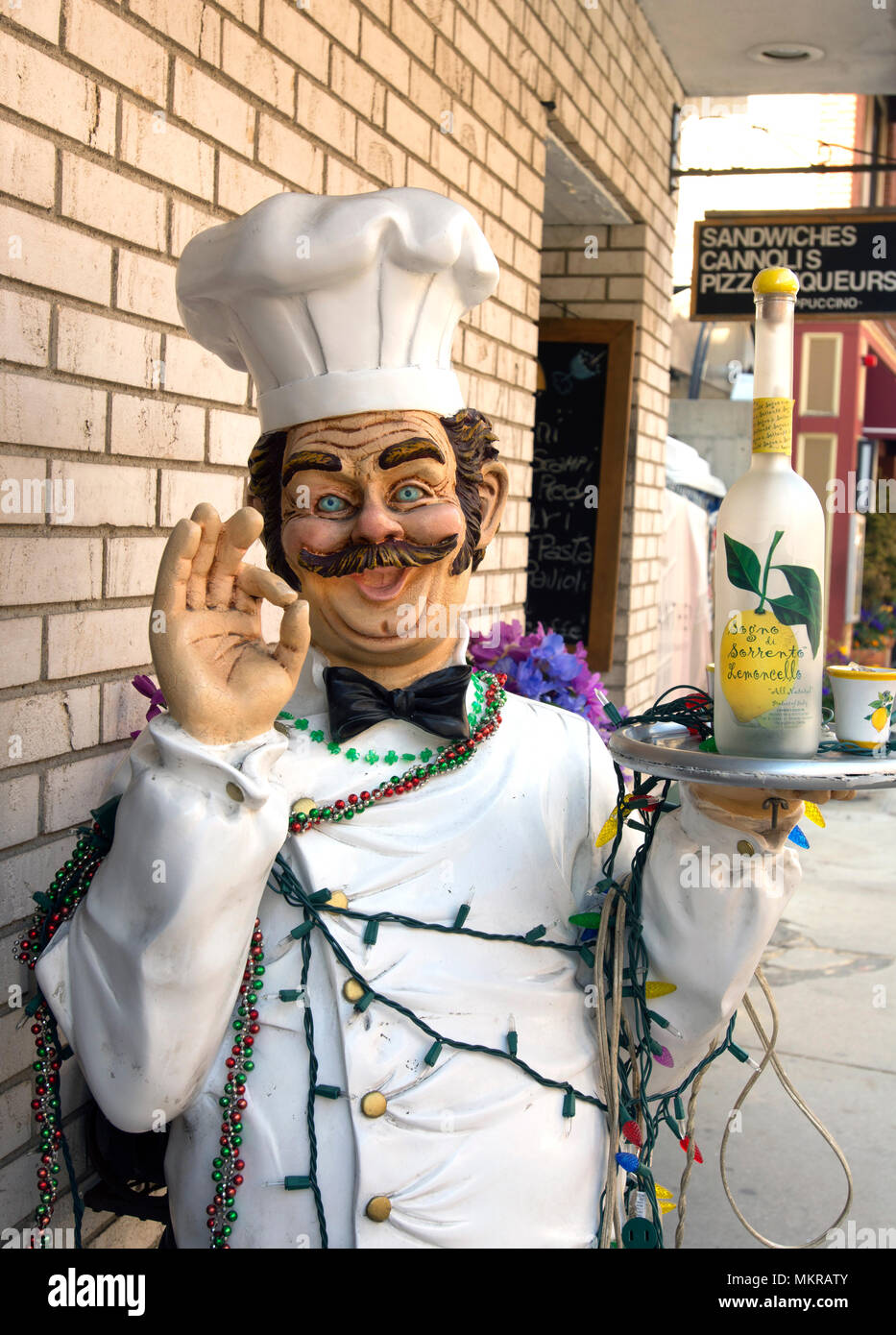 A chef mannequin in front of a North End restaurant in Boston's North End, Massachusetts, USA Stock Photo