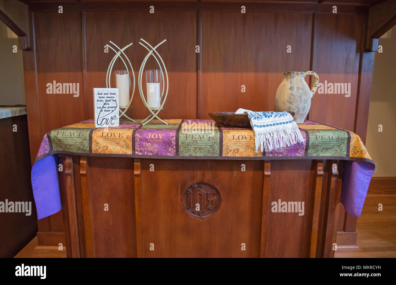 First United Methodist Church in Gainesville, Florida.  Communion Table and altar set up in a small room. Stock Photo