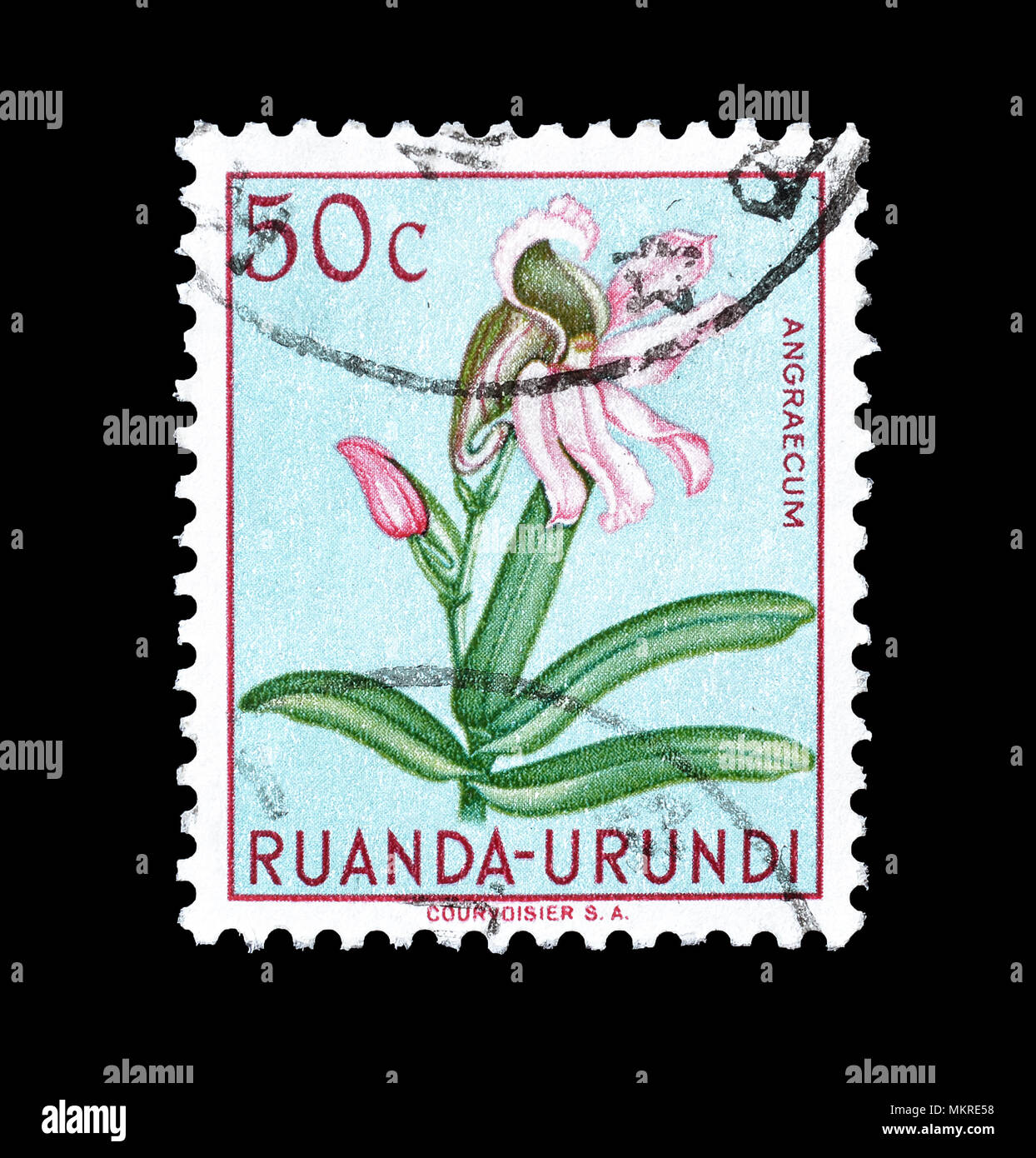 Cancelled postage stamp printed by Ruanda Urundi, that shows Comet Orchid, circa 1953. Stock Photo