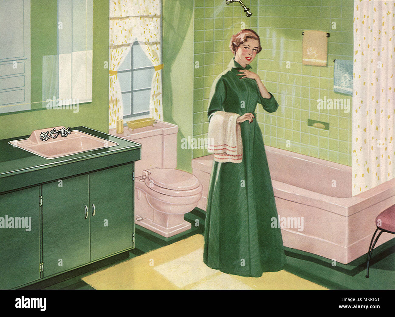 Woman in Robe admires Clean Bathroom Stock Photo Alamy