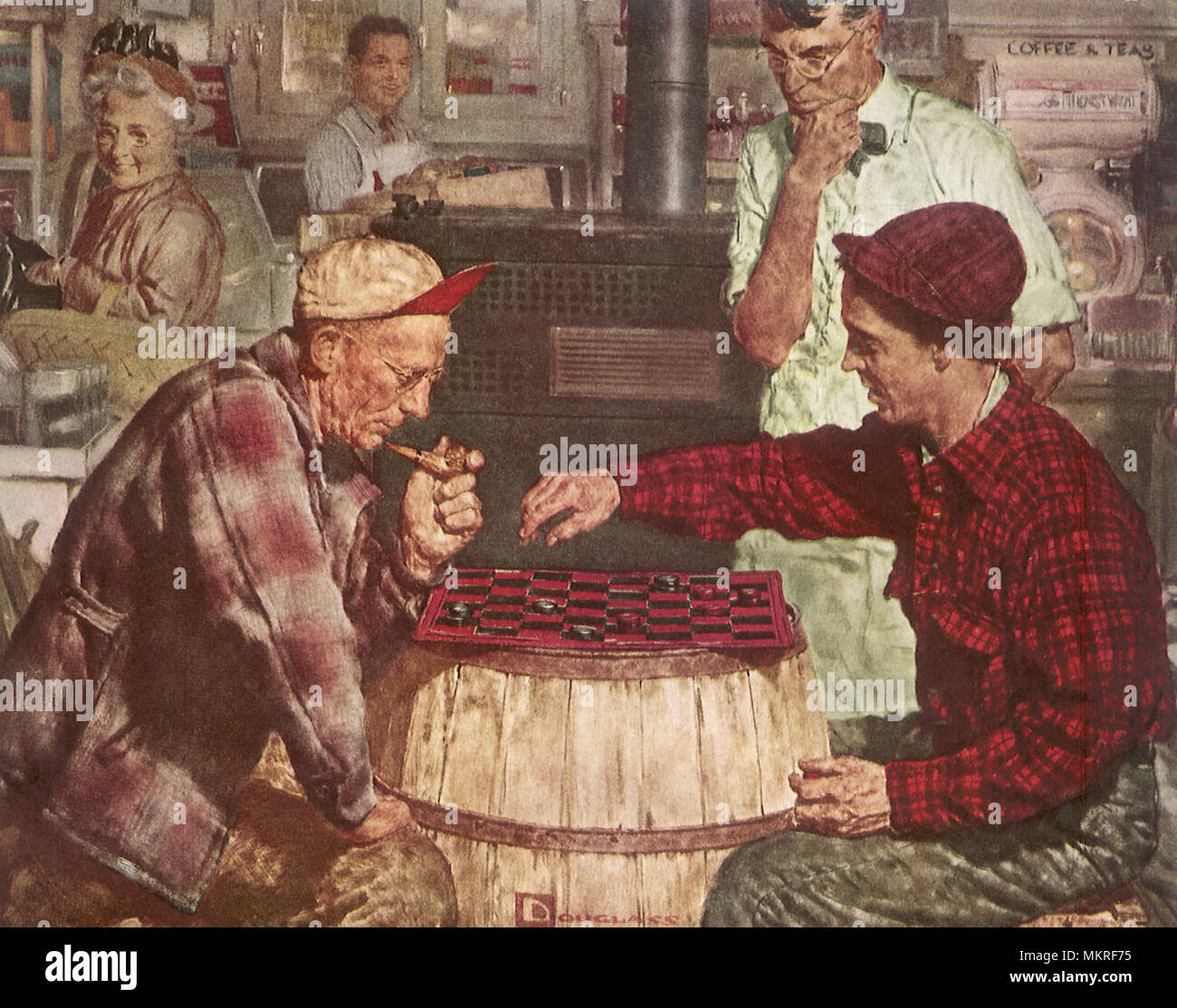 Father and Son play Checkers on a Cracker Barrel Stock Photo Alamy