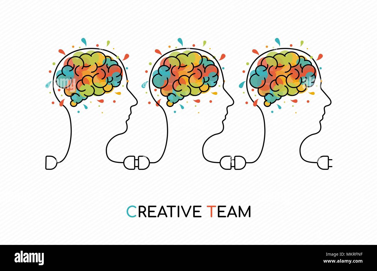 Creative teamwork concept outline style illustration with people team as power wire and colorful art splash human brain. EPS10 vector. Stock Vector