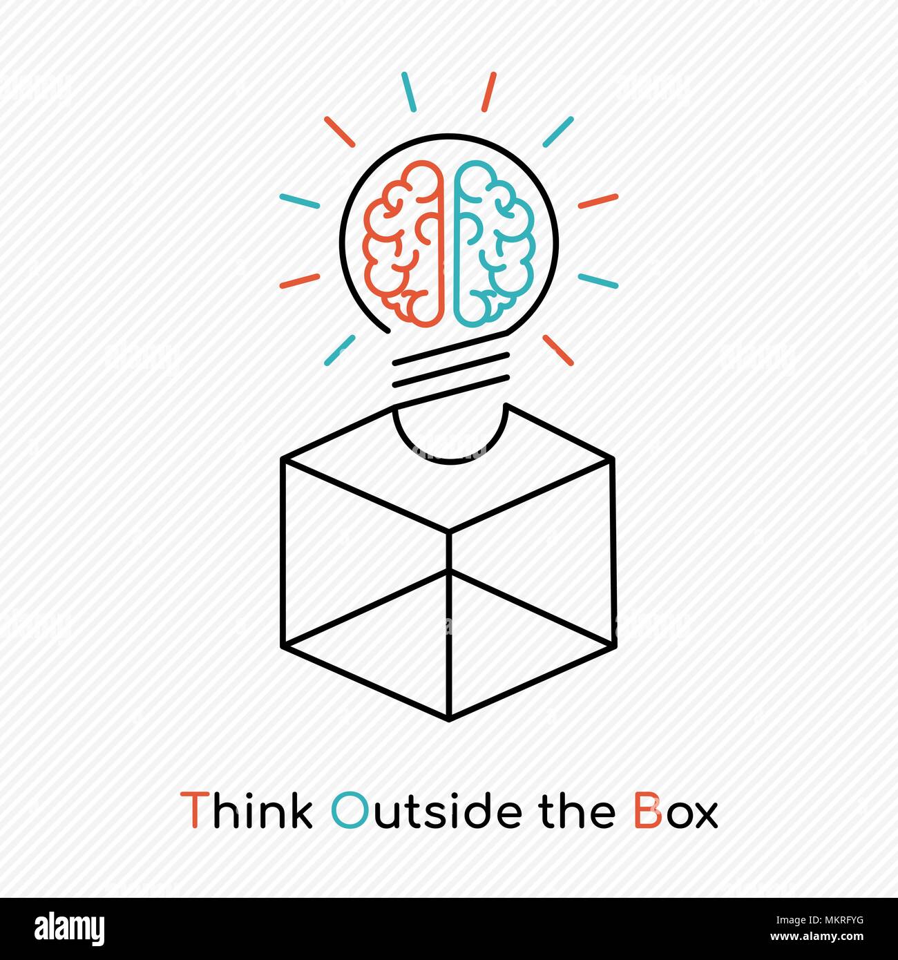 Think outside the box, human brain light bulb concept illustration in simple outline style for business solution or creative thinking. EPS10 vector. Stock Vector