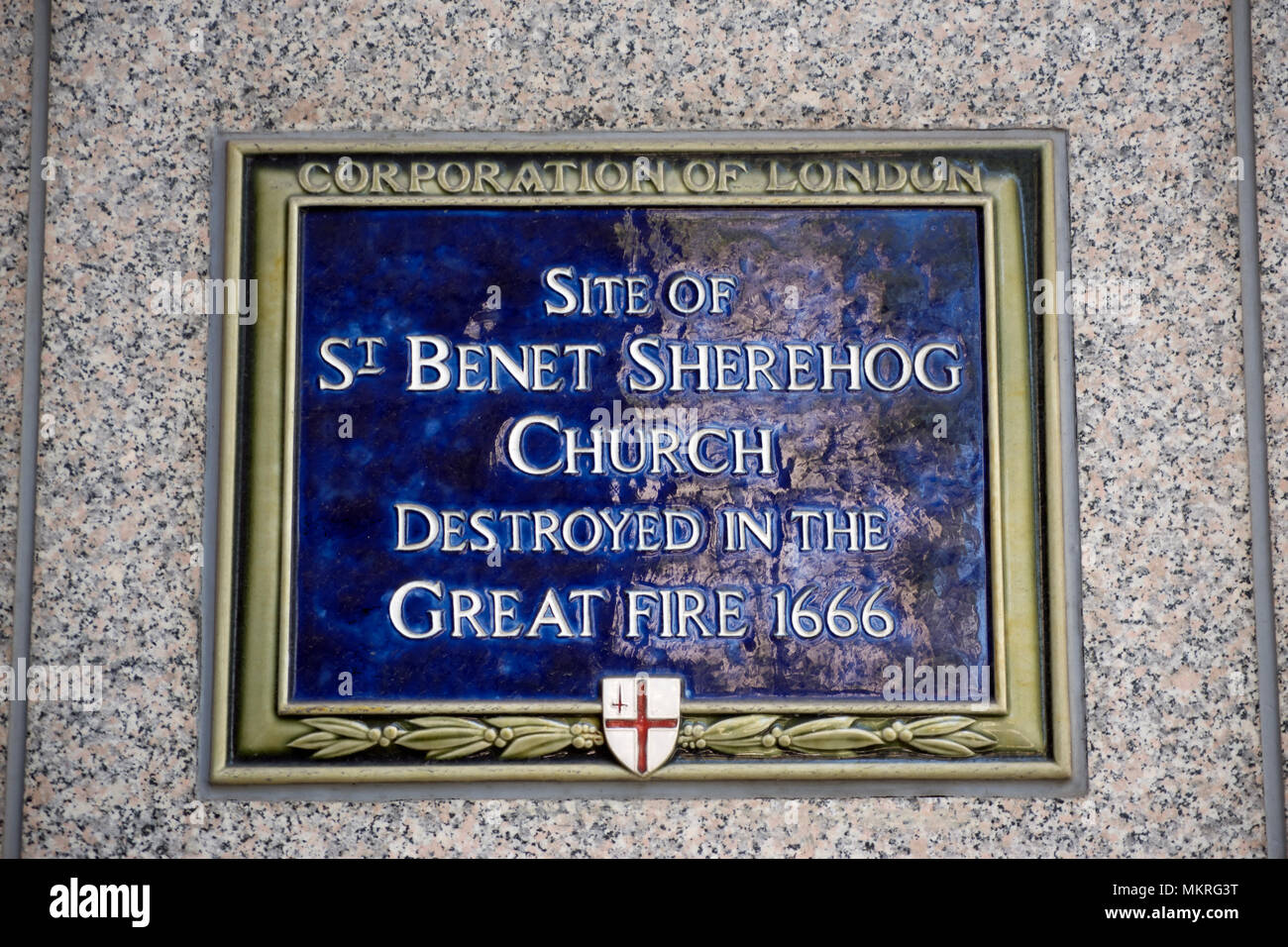 city of london blue plaque marking the site of st benet sherehog church, destroyed in the great fire of 1666 Stock Photo