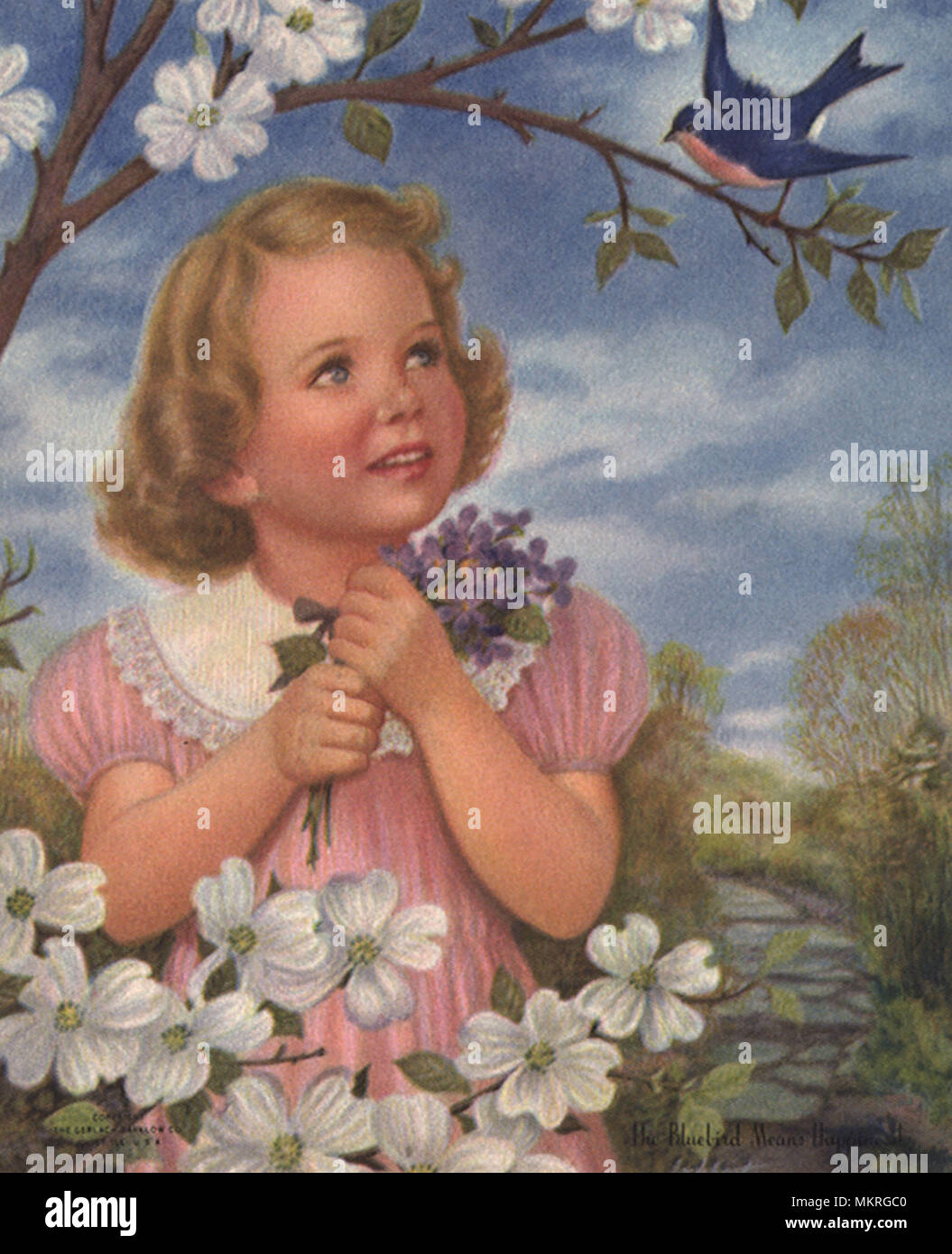 Girl Holding Flowers Sees Blue Bird Stock Photo