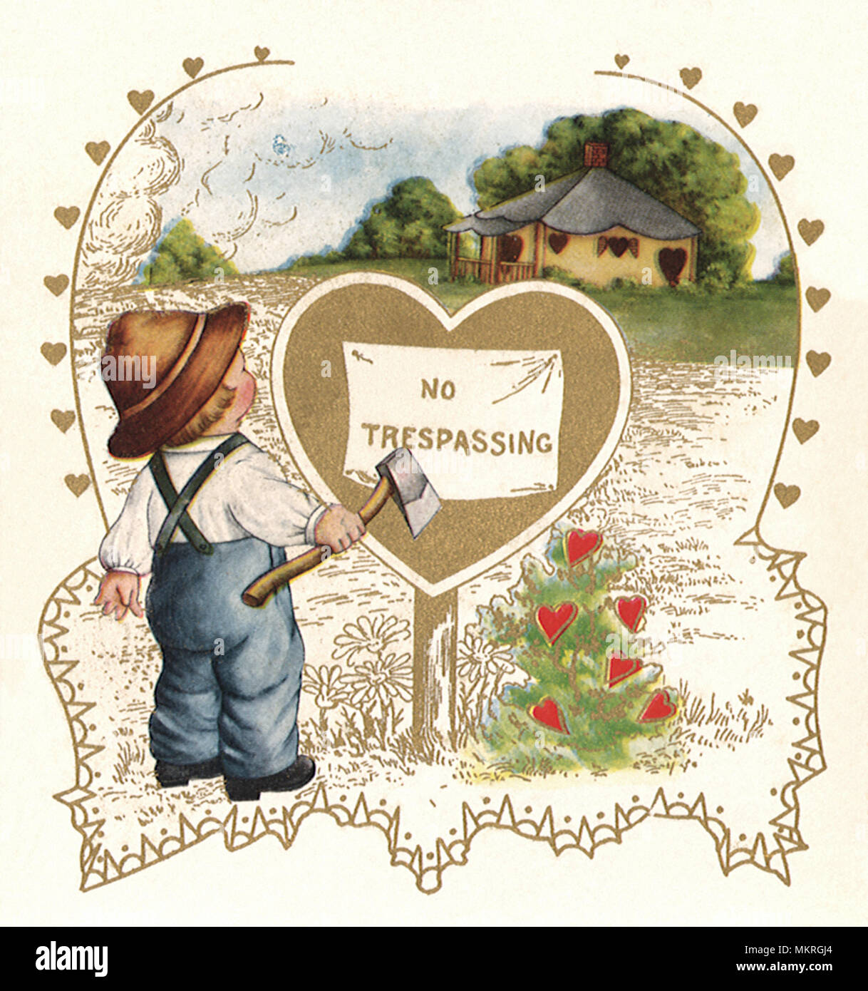 Boy with hatchet stands by Heart Sign reading no trespassing Stock Photo