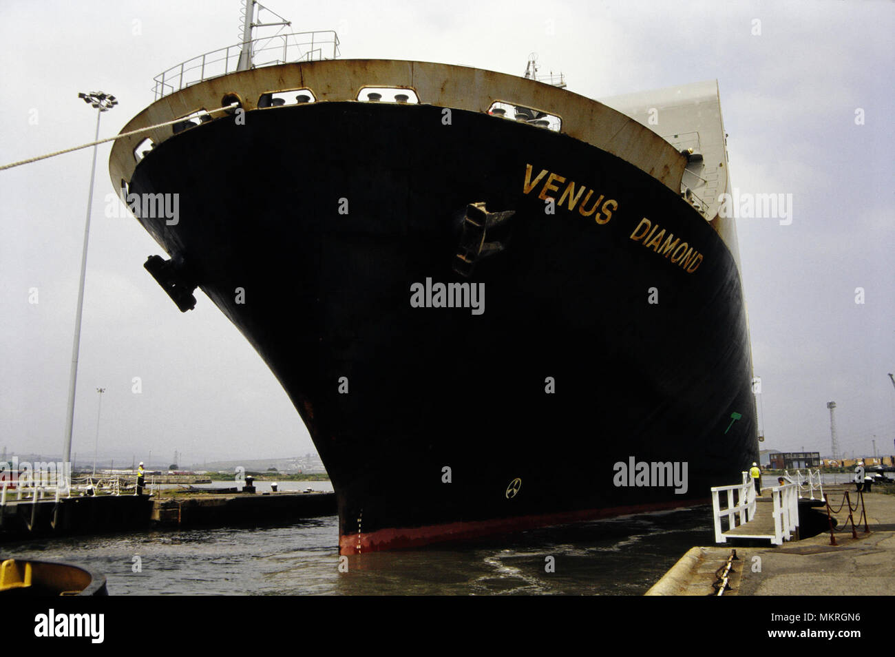 Bulk car carrying ship Venus Diamond leaving Newport Docks spring 1992. Wales UK. Welsh coastal port, British Coast Docks Stock Photo