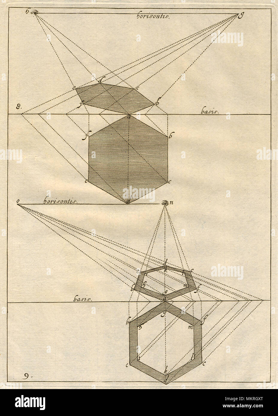 Drawing of a six sided object projected to a single point Stock Photo