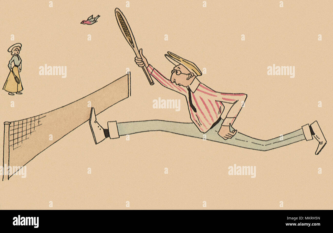 Man Stretching to Hit Bird with Tennis Racquet Stock Photo - Alamy