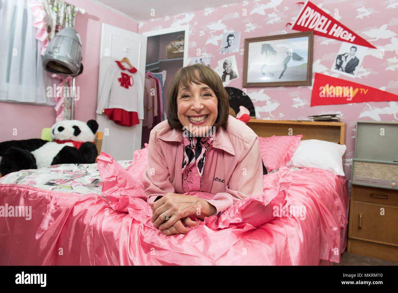 Actress Didi Conn, who played Frenchy in Grease, celebrates the 40th anniversary of the classic movie with streaming service NOW TV in a recreation of Frenchy's bedroom from the sleepover scene in the film, at a pop-up in Soho, London. Stock Photo