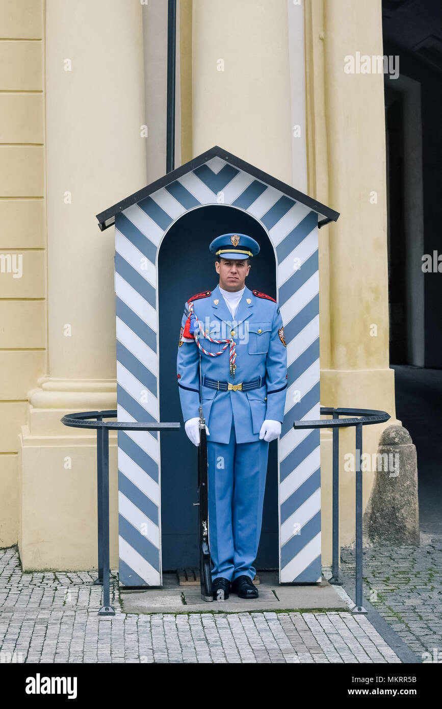 Prague / Czech Republic - 08.09.2016: Castle guards (Hradni straz) of presidental palace. Light blue uniforms, armed. Stock Photo