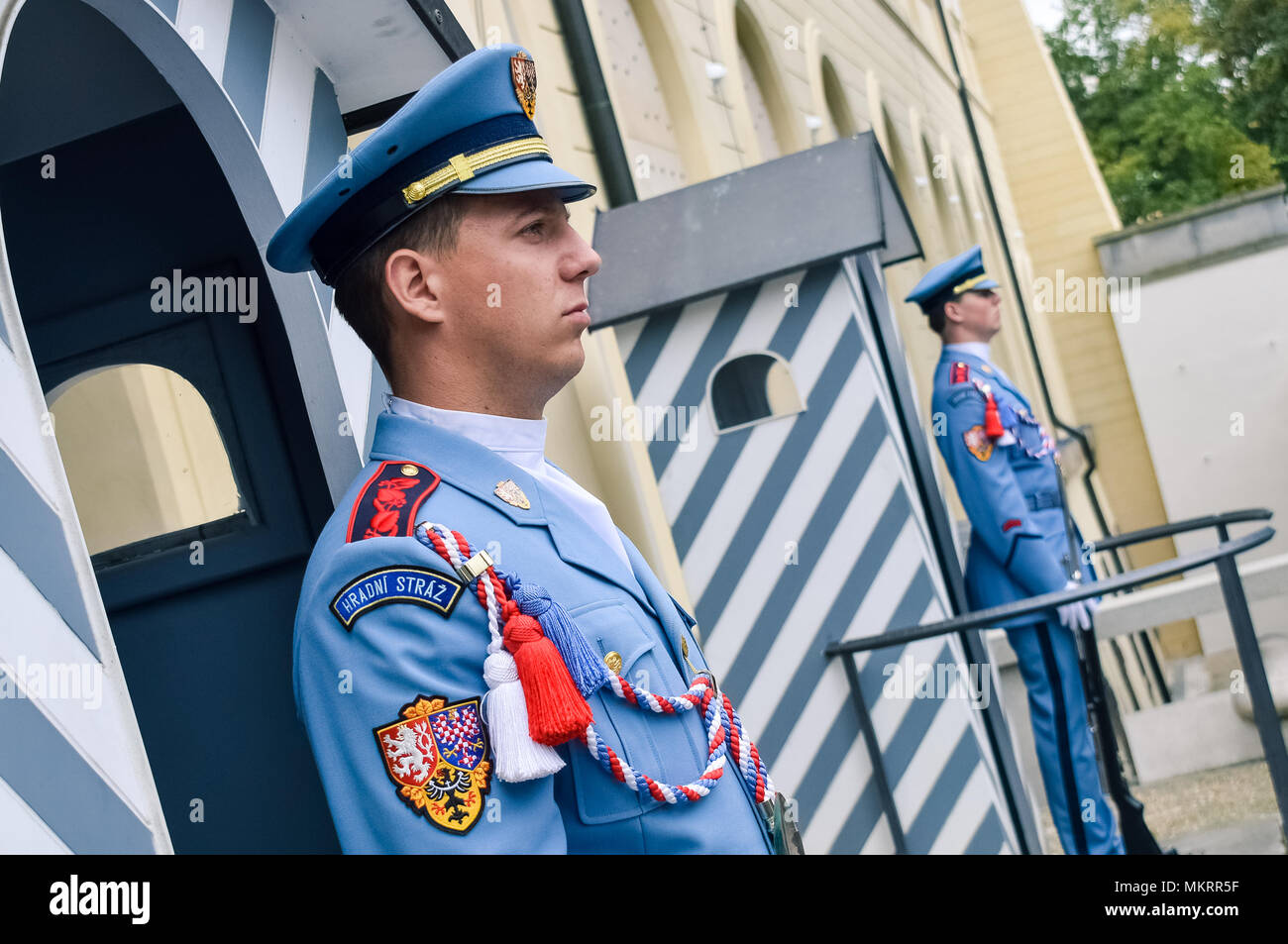 Prague / Czech Republic - 08.09.2016: Castle guards (Hradni straz) of presidental palace. Light blue uniforms, armed. Stock Photo