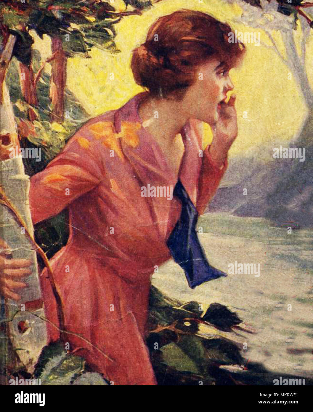 a girl calling in the woods illustration Stock Photo