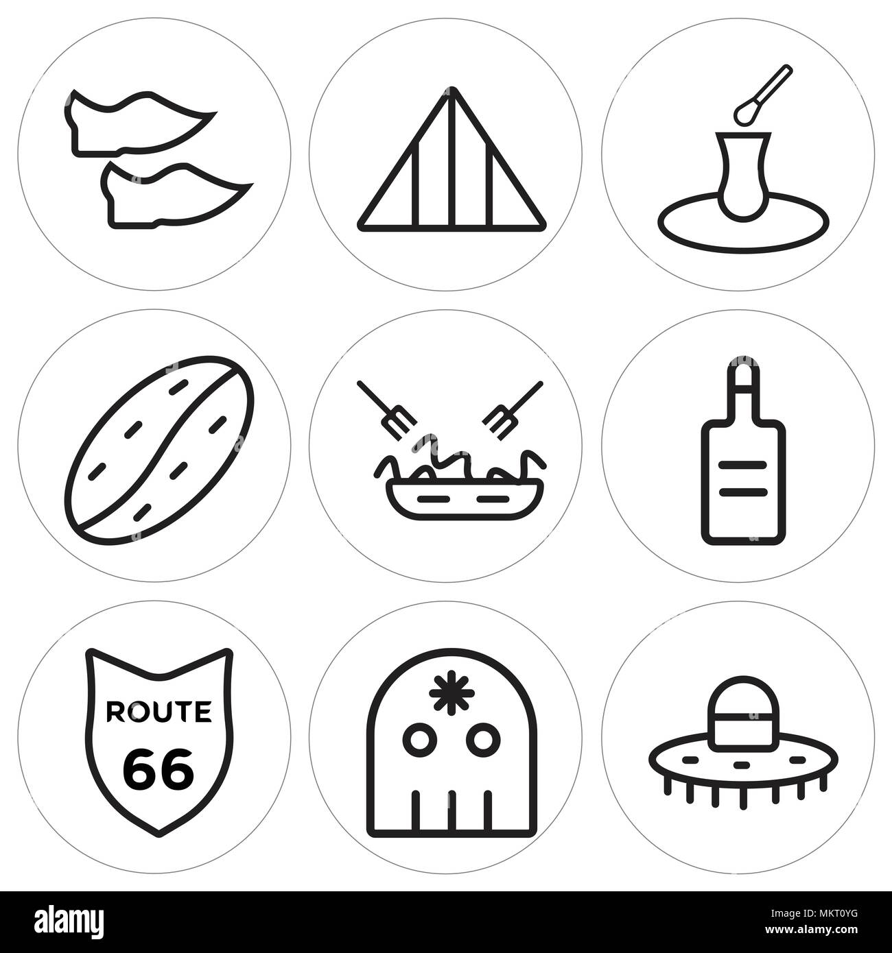 Set Of 9 simple editable icons such as Hat, Skull, Route 66, Vodka, Pasta, Coffee bean, Tea, Pyramid, Shoes, can be used for mobile, web Stock Vector