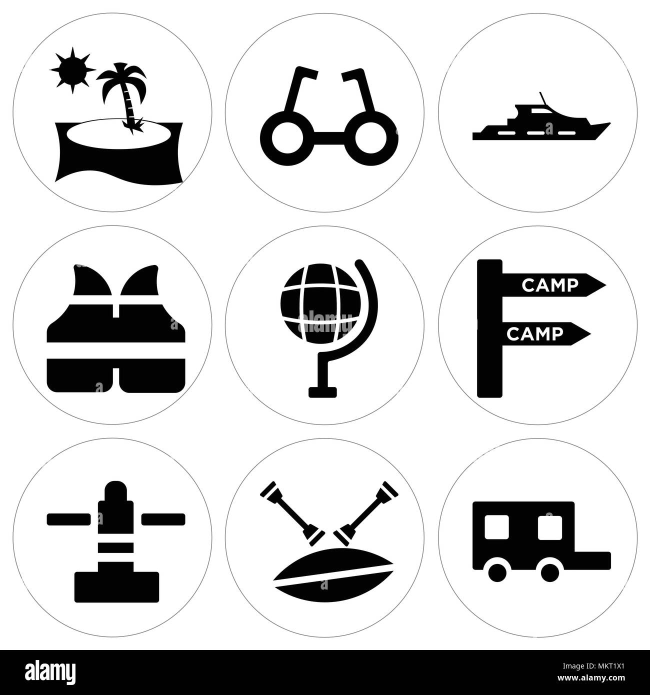 Set Of 9 simple editable icons such as Caravan, Canoe, Christ the eemer, Camp, Earth globe, Reflector vest, Ship Front View, Sunglasses, Beach Sunset, Stock Vector