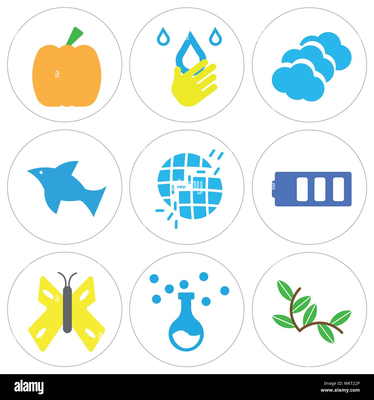 Set Of 9 simple editable icons such as Plant with Two Leaves, Chemistry Equipment, Big Butterfly, Bars Battery, Broken Earth, Dolphin Jumping, Three C Stock Vector