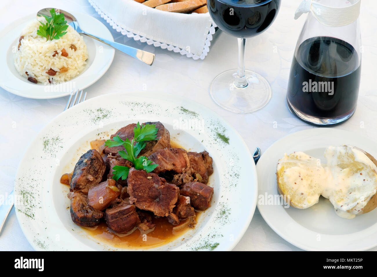 Beef dish from Taverna Os Templários, Monsaraz, Portugal Stock Photo