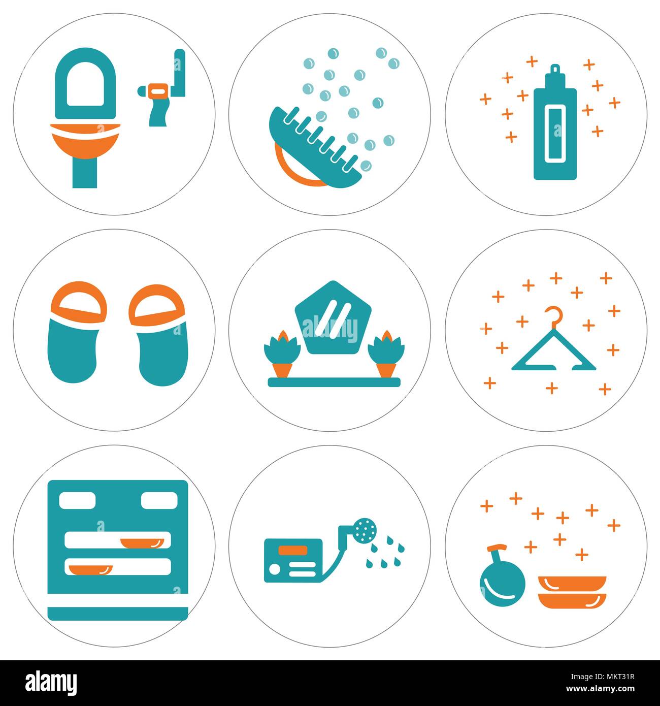 Set Of 9 simple editable icons such as Dishwasher, Water heater, Hanger, Mirror, Flip flops, Cream, Brush, Toilet, can be used for mobile, web Stock Vector