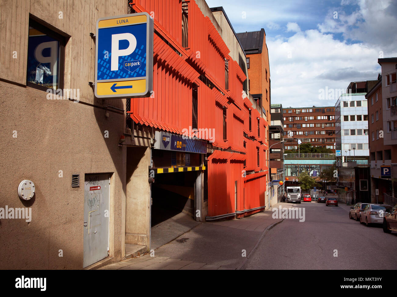 Sodertalje, Sweden: Parking garages Luna, entrance from the street Rådhusgatan. Stock Photo