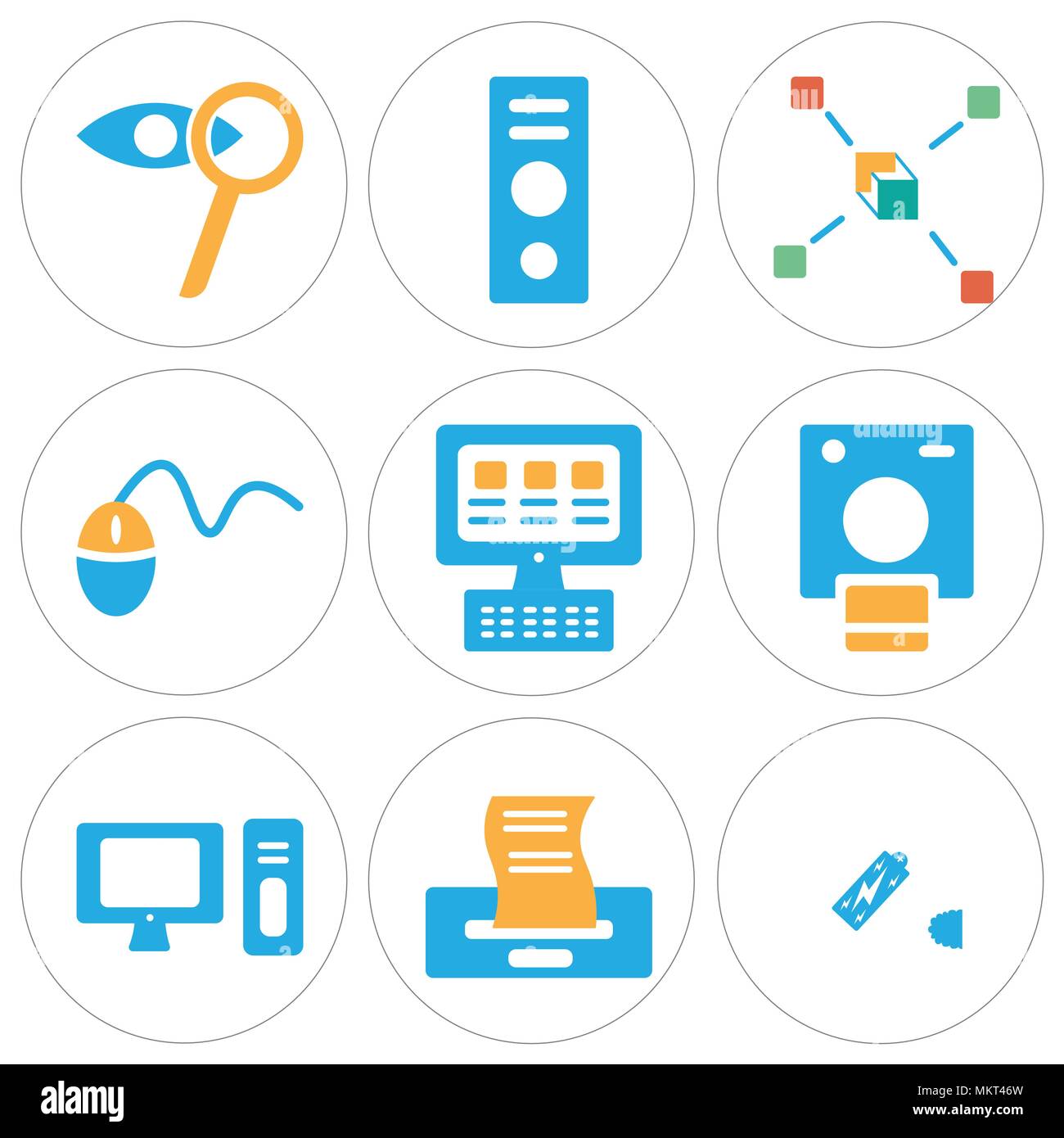 Set Of 9 simple editable icons such as Battery, Printer, Computer, Polaroid, Laptop, Mouse, Networking, Speaker, Zoom, can be used for mobile, web Stock Vector