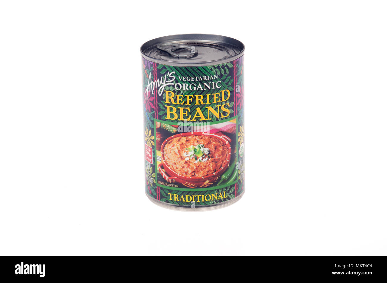 Can of Amy’s Organic Vegetarian Refried Beans on white background Stock Photo