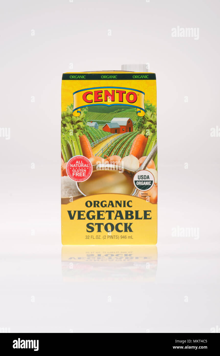 Box of Cento Organic Vegetable Stock on white background Stock Photo