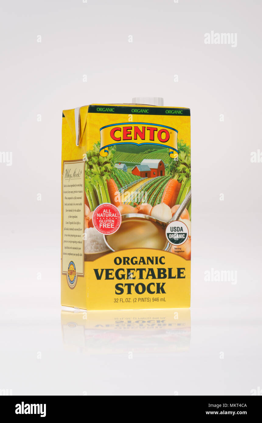 Box of Cento Organic Vegetable Stock on white background Stock Photo