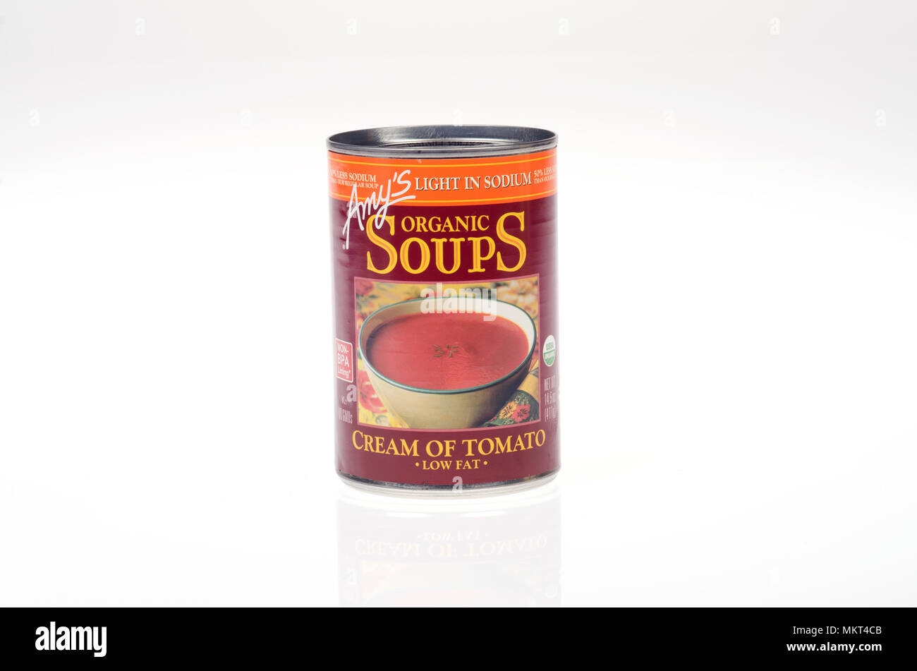 Can of Amy’s Organic Lower Sodium Cream of Tomato Soup Stock Photo