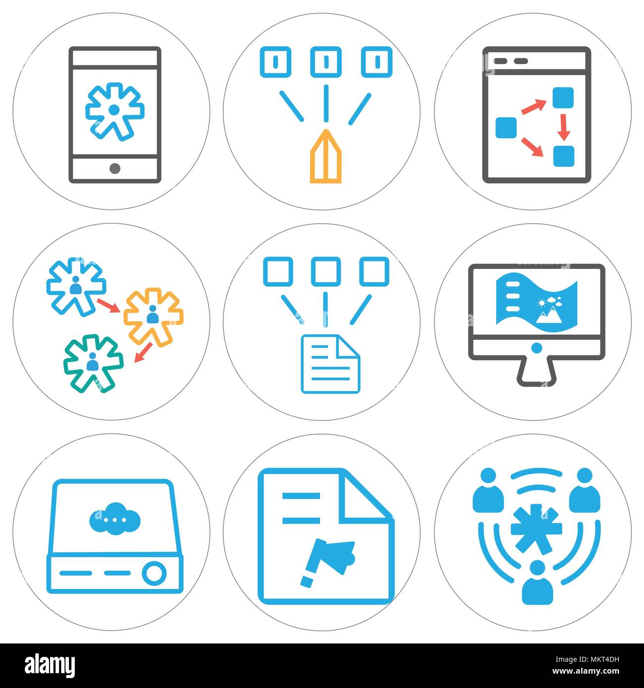 Set Of 9 simple editable icons such as Users, File, Server, Web de, Network, Settings, Strategy, Smartphone, can be used for mobile, web Stock Vector