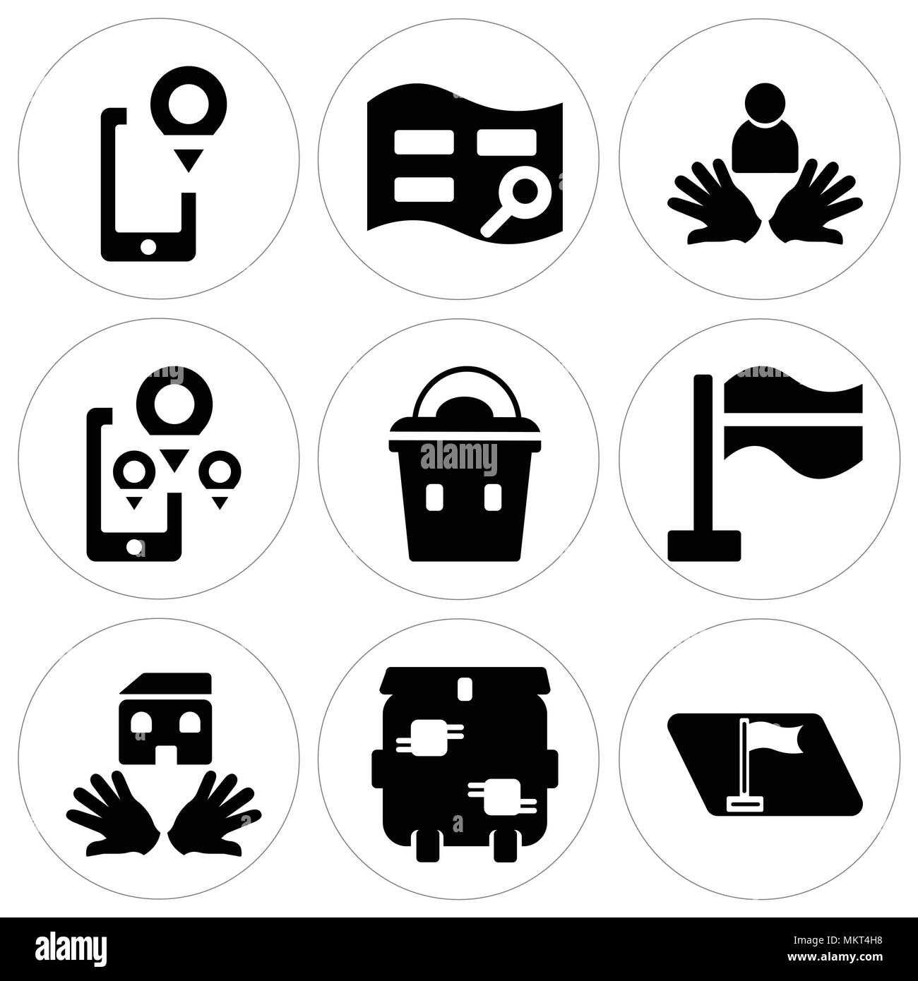 Set Of 9 simple editable icons such as Map, Trash bin, House, Flag, Lunchbox, Social care, can be used for mobile, web Stock Vector
