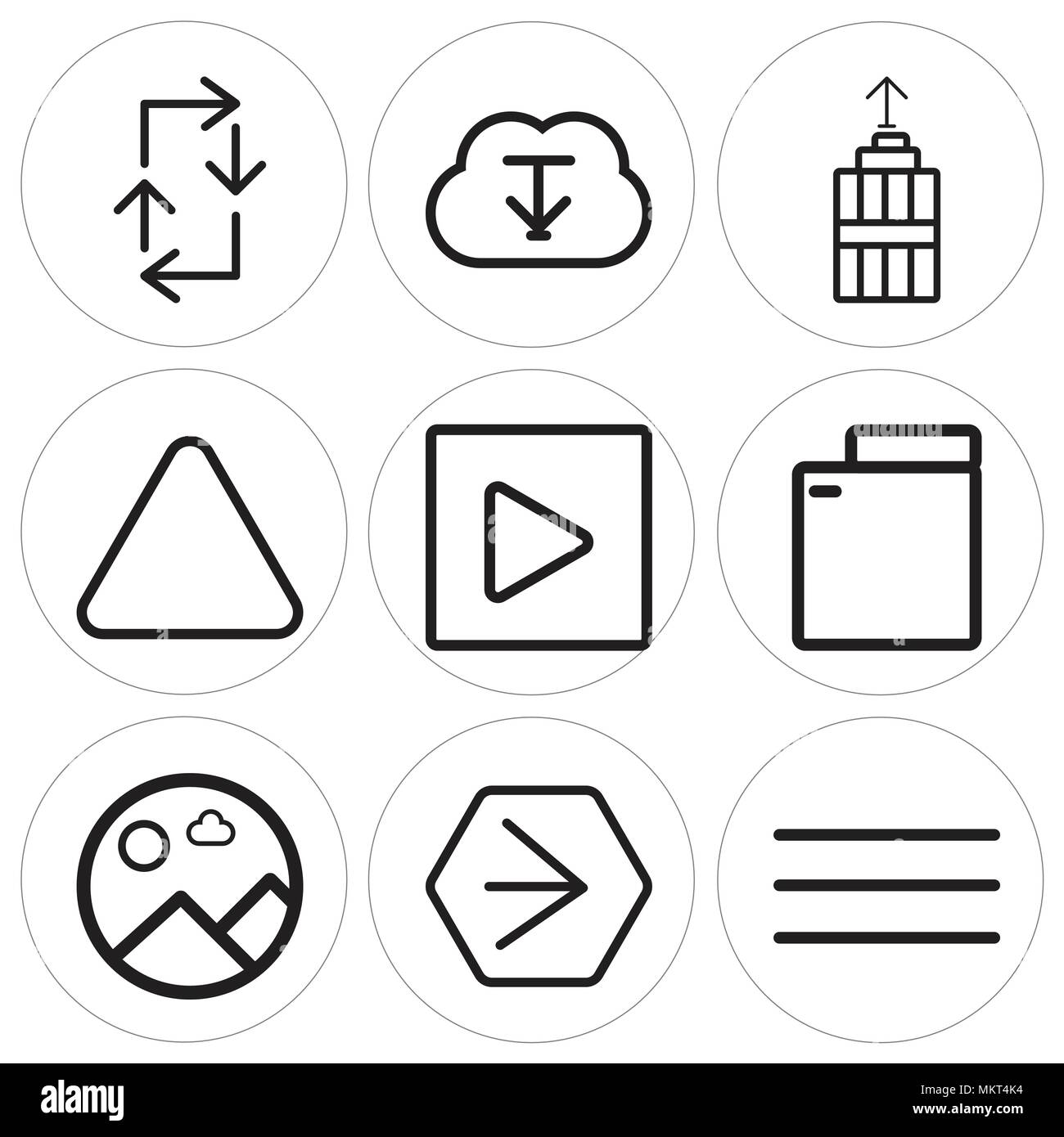 Set Of 9 simple editable icons such as Menu, Youtube, Picture, Folder, Play, Up arrow, Garbage, Download, Refresh, can be used for mobile, web Stock Vector