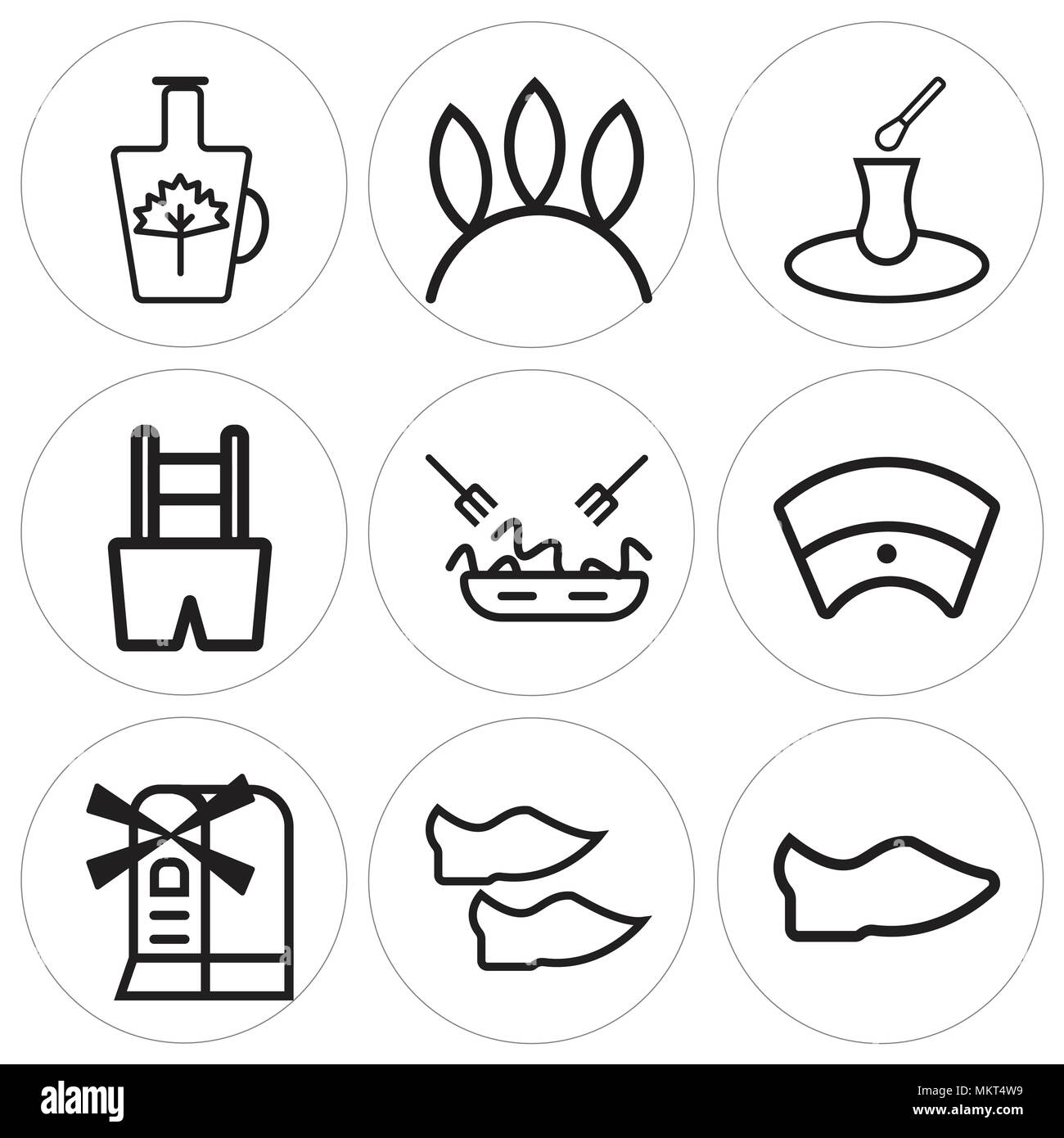 Set Of 9 simple editable icons such as Clog, Shoes, Windmill, Egyptian, Pasta, Trousers, Tea, Native american, Syrup, can be used for mobile, web Stock Vector