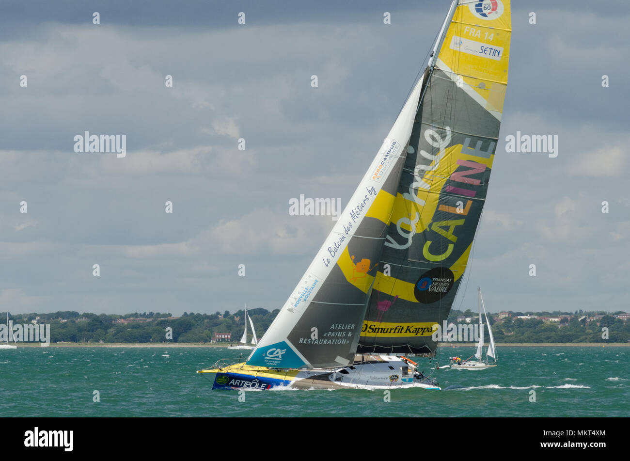 Fastnet Yacht Race 2017 passing Yarmouth Pier on the Isle of Wight on the 6 August 2017. Featuring Yacht FRA 14 "La Mie Câline - Artipôle" Stock Photo