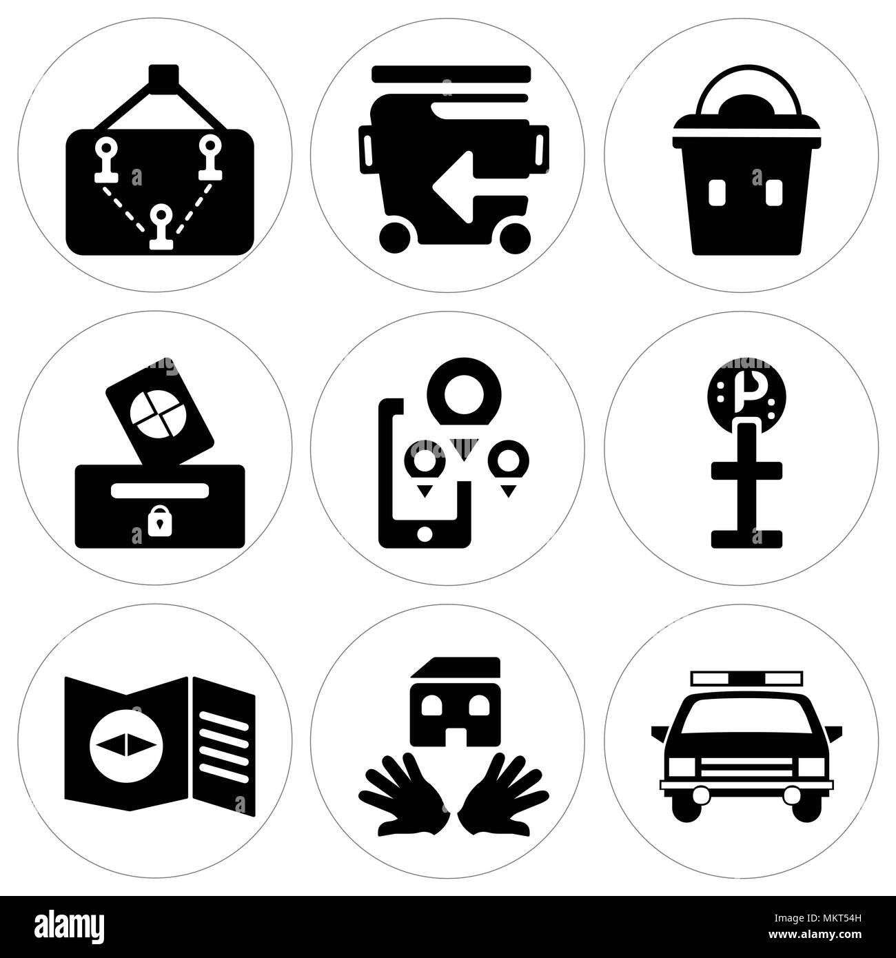 Set Of 9 simple editable icons such as Police car, House, Map, Parking ...