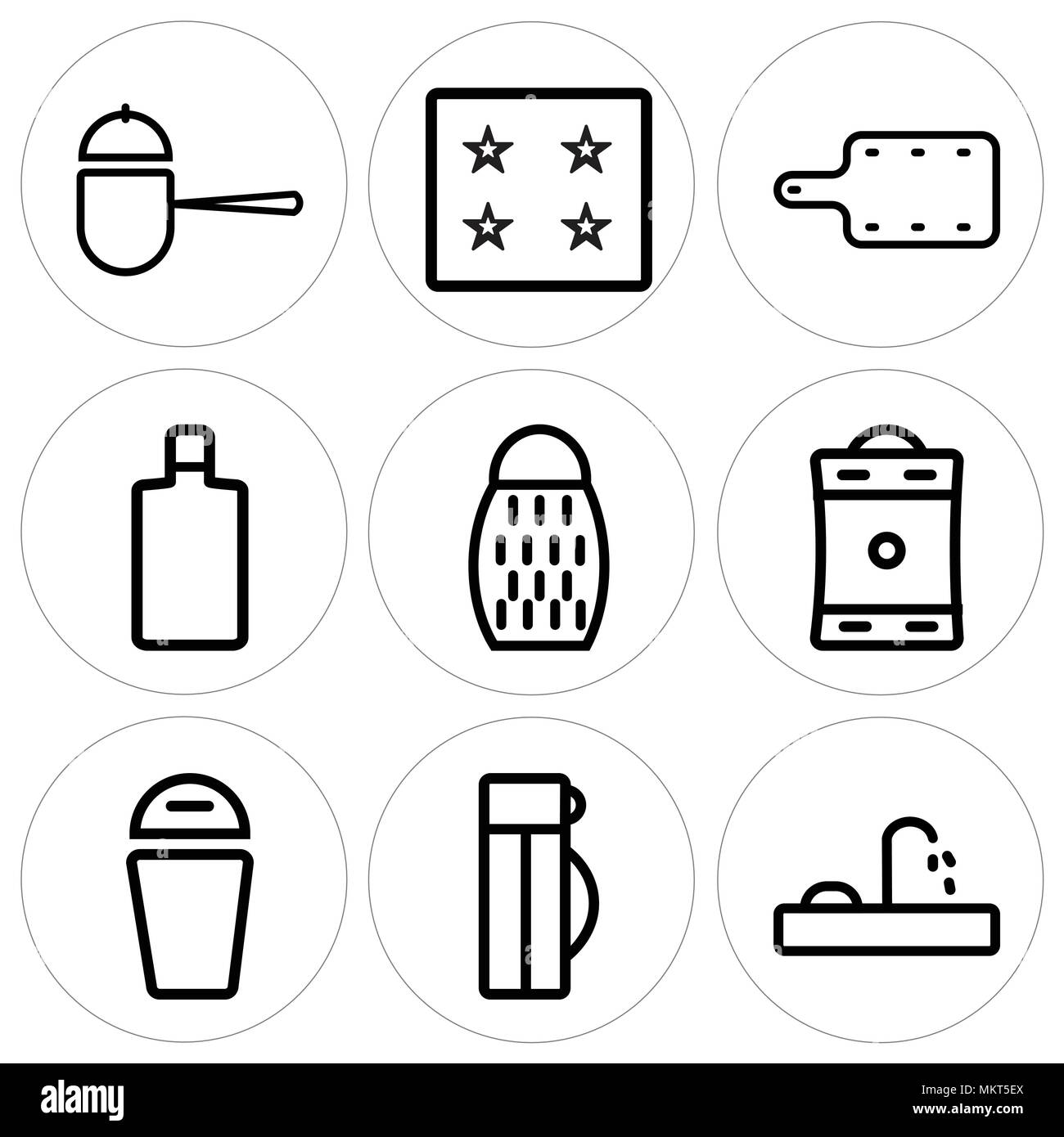 Set Of 9 simple editable icons such as Tap, Thermo, Trash, Coffee pot, Grater, Wine bottle, Kitchen board, Ice cube tray, Pot, can be used for mobile, Stock Vector