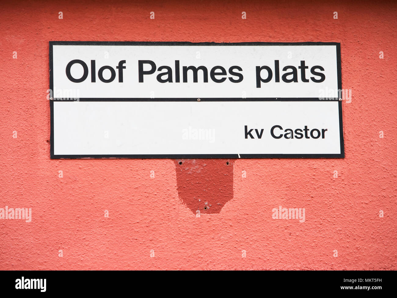 Street Name Sign, Olof Palme Plats in Södertälje Sweden Stock Photo