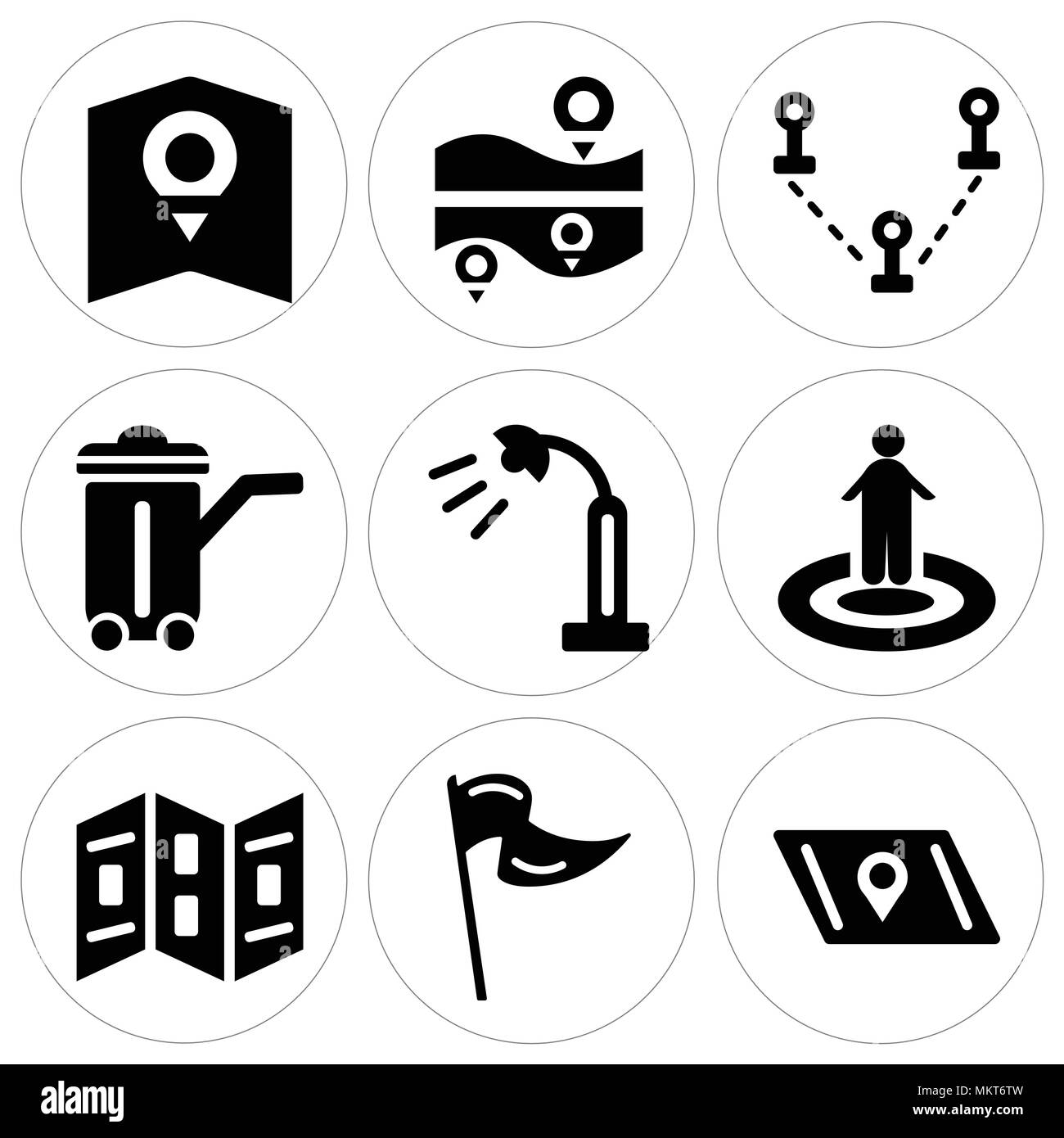 Set Of 9 simple editable icons such as Map, Flag, Street view, light, Trash bin, Destination, can be used for mobile, web Stock Vector