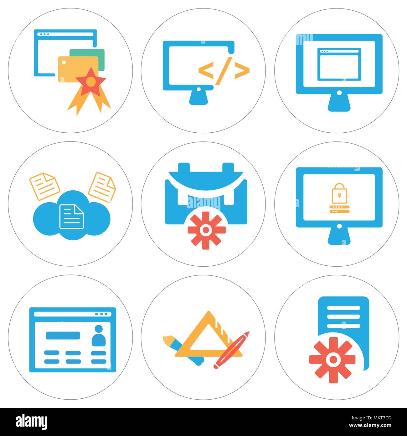 Set Of 9 simple editable icons such as File, Pen, Browser, Laptop, Briefcase, Cloud computing, Monitor, can be used for mobile, web Stock Vector