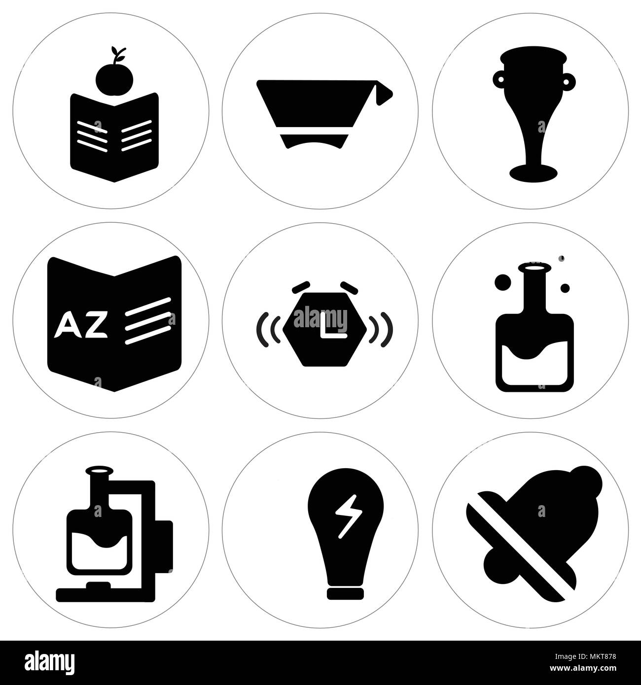 Set Of 9 simple editable icons such as Bell, Light bulb, Flask, Alarm