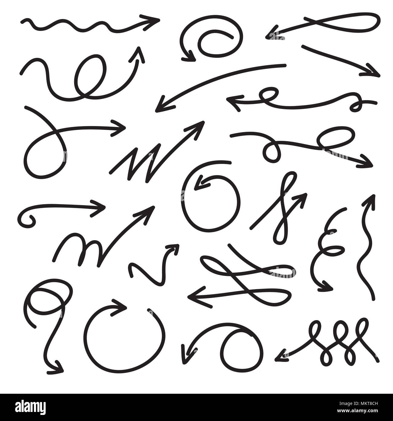 Set black arrows drawing by pen. Vector illustration. Collection of Icons. Stock Photo